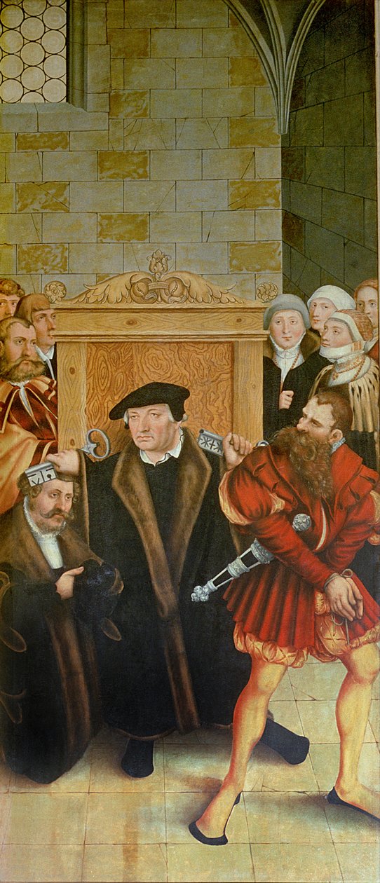 Triptych, venstre panel, Philipp Melanchthon utfører en dåp assistert av Martin Luther; midtpanelet, nattverden med Luther blant apostlene; høyre panel, Luther avgir sin bekjennelse; Luther av Lucas Cranach the Elder