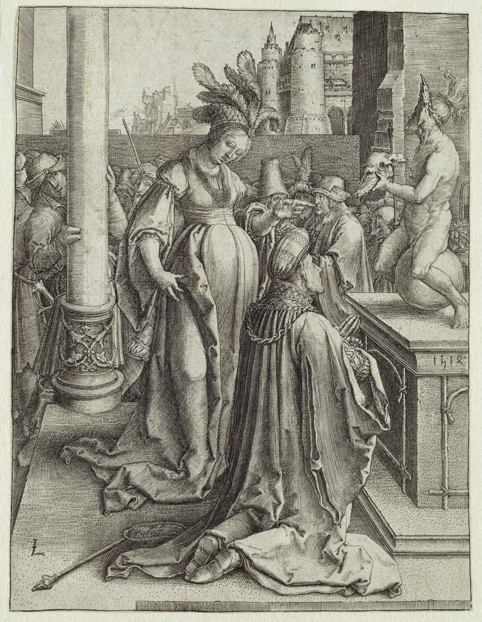 Salomo ber foran et gravbilde, ca. 1514 (kobberstikk) av Lucas van Leyden