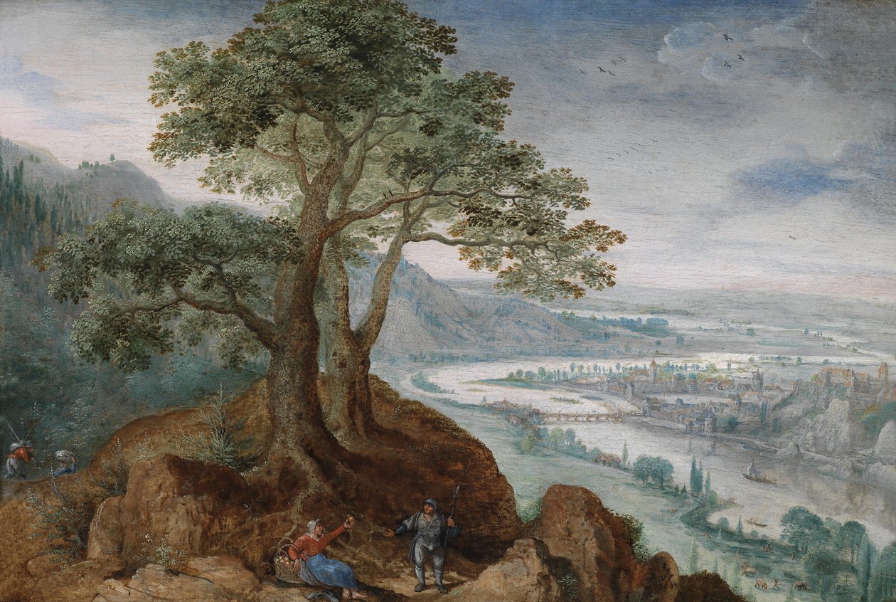 Utsikt fra Pöstlinberg til byen Linz med en bondekvinne og en turgåer på en sti i forgrunnen av Lucas van Valckenborch
