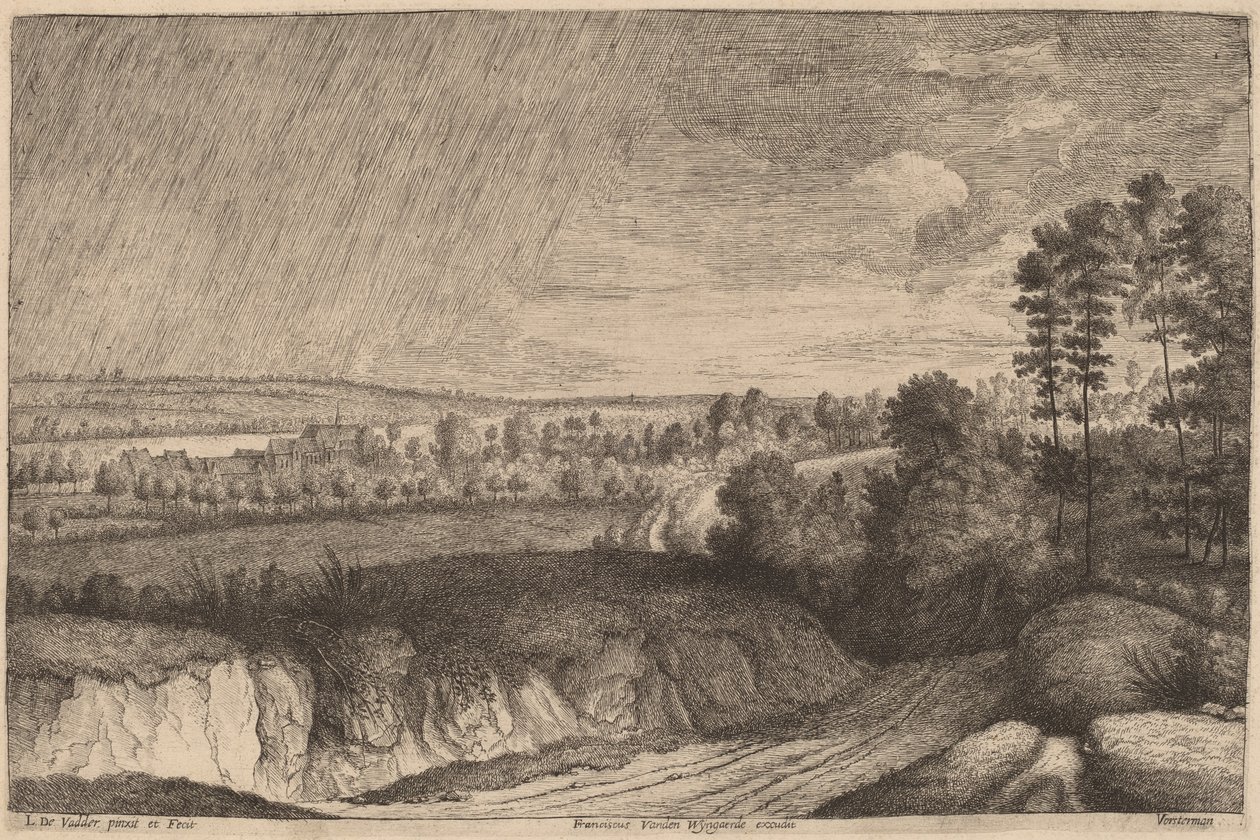 Regnfullt landskap av Lucas Emil Vosterman, after Lodewijk de Vadder
