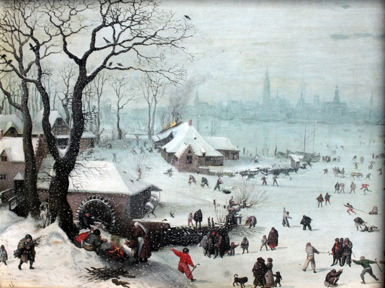 Vinterlandskap nær Antwerpen med snøfall av Lucas van Valckenborch