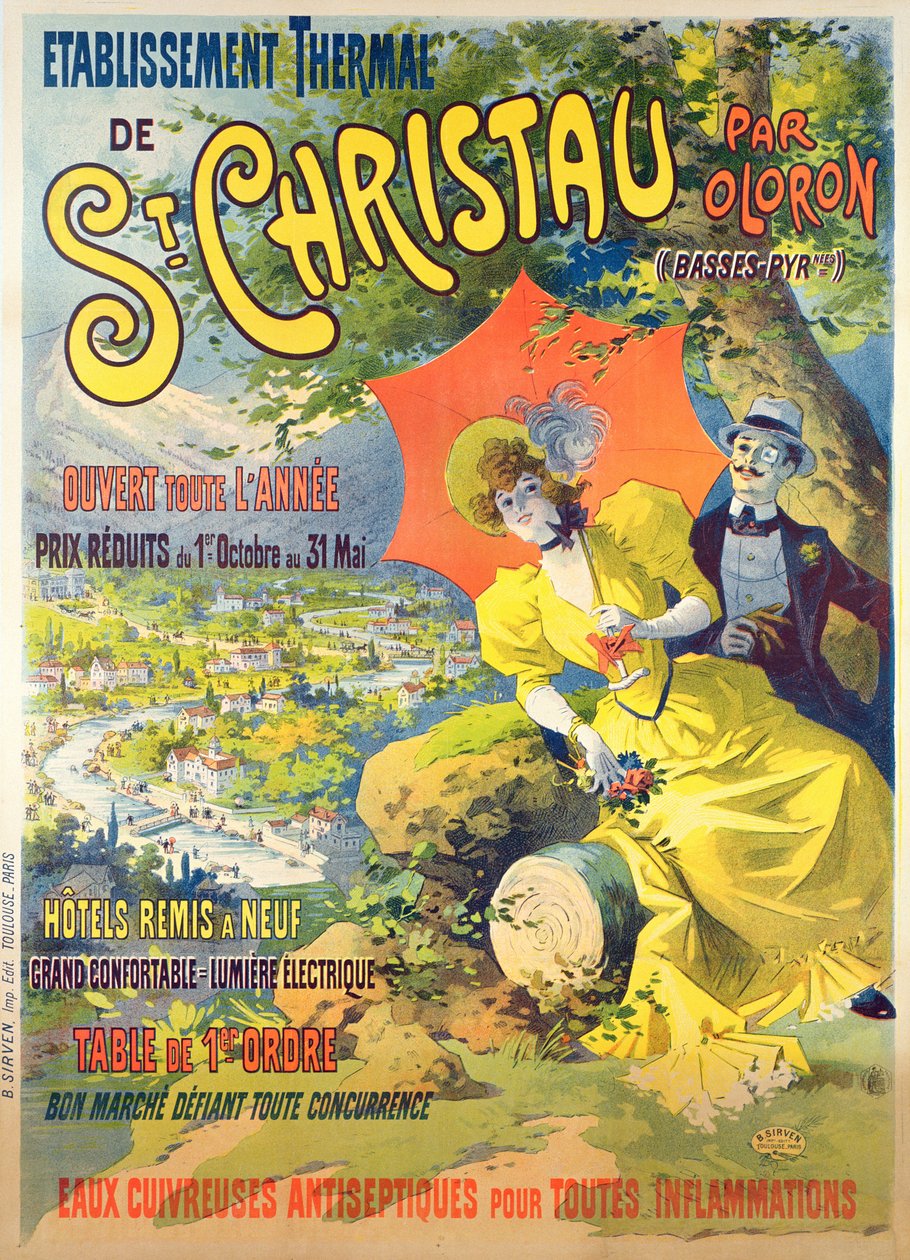 Plakat som reklamerer for hotellet St Christau par Oloron, trykt av B. Sirven, Toulouse-Paris, ca. 1900 av Lucien Baylac
