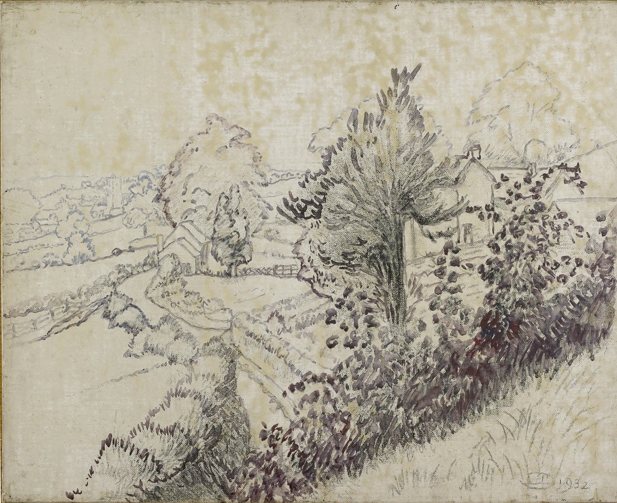 View of Leintwardine, 1932 (svart kritt og oljevask på lerret lagt om bord) av Lucien Pissarro