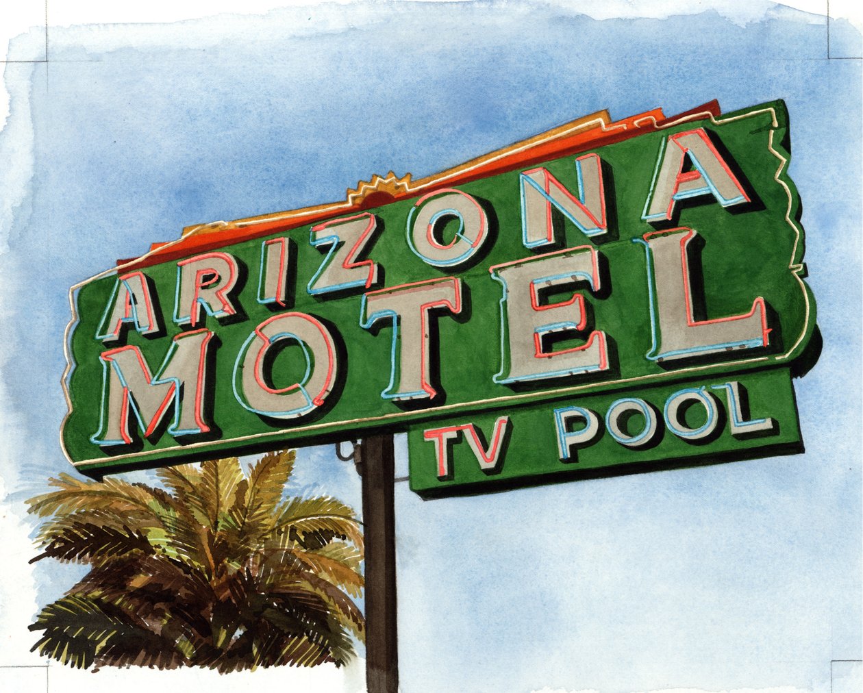 Arizona Motel på 6th Avenue, 2004 (wc på papir) av Lucy Masterman