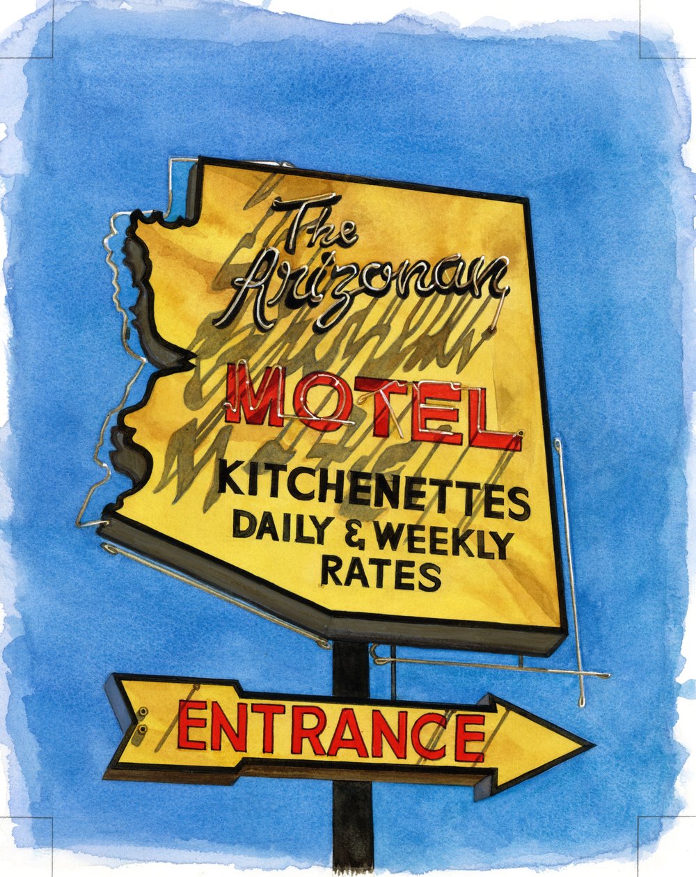 The Arizonian, Miracle Mile, 2004 (wc på papir) av Lucy Masterman