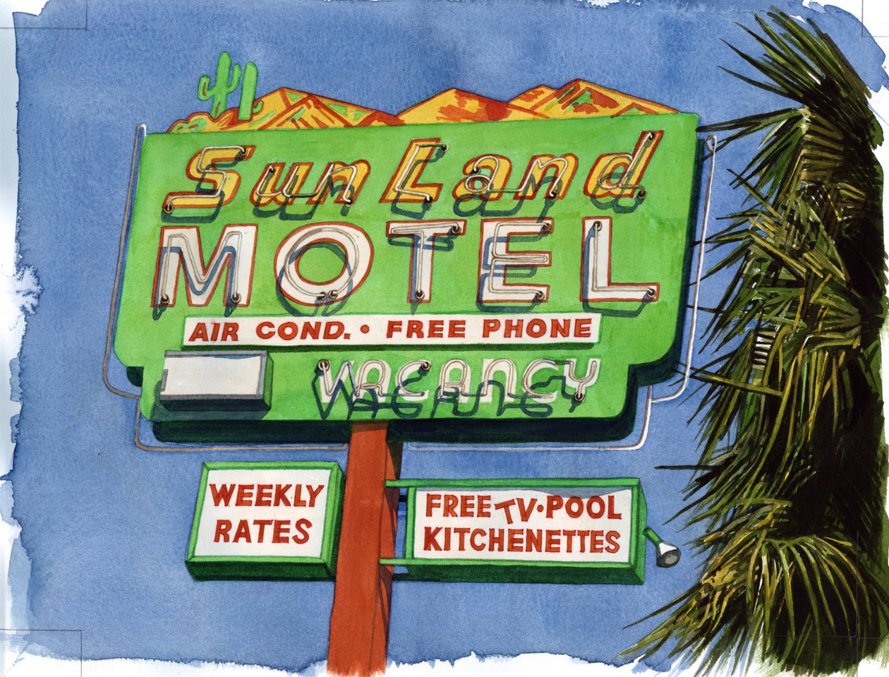 The Sun Land, Miracle Mile, 2004 (wc på papir) av Lucy Masterman