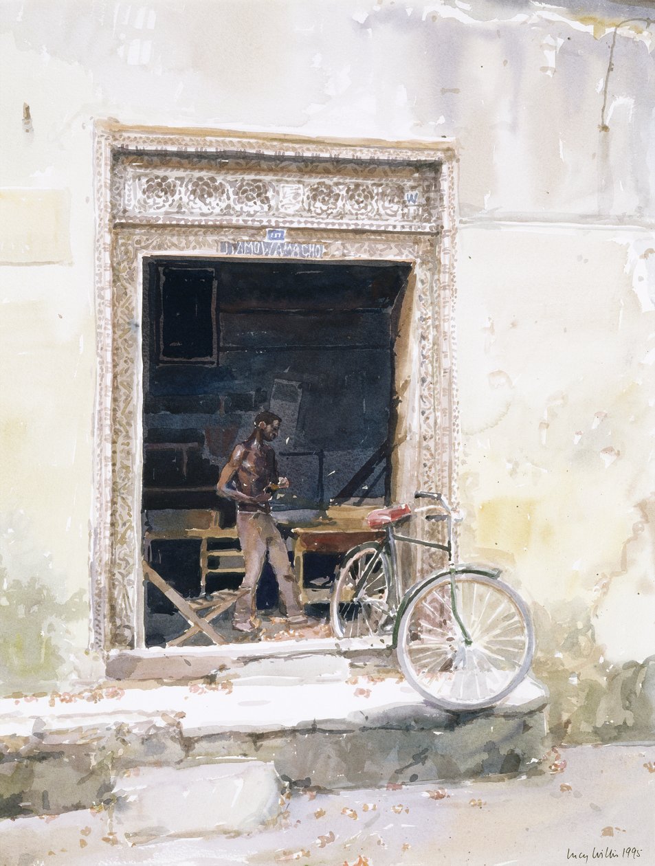 Mørkt interiør, Zanzibar, 1995 (wc på papir) av Lucy Willis