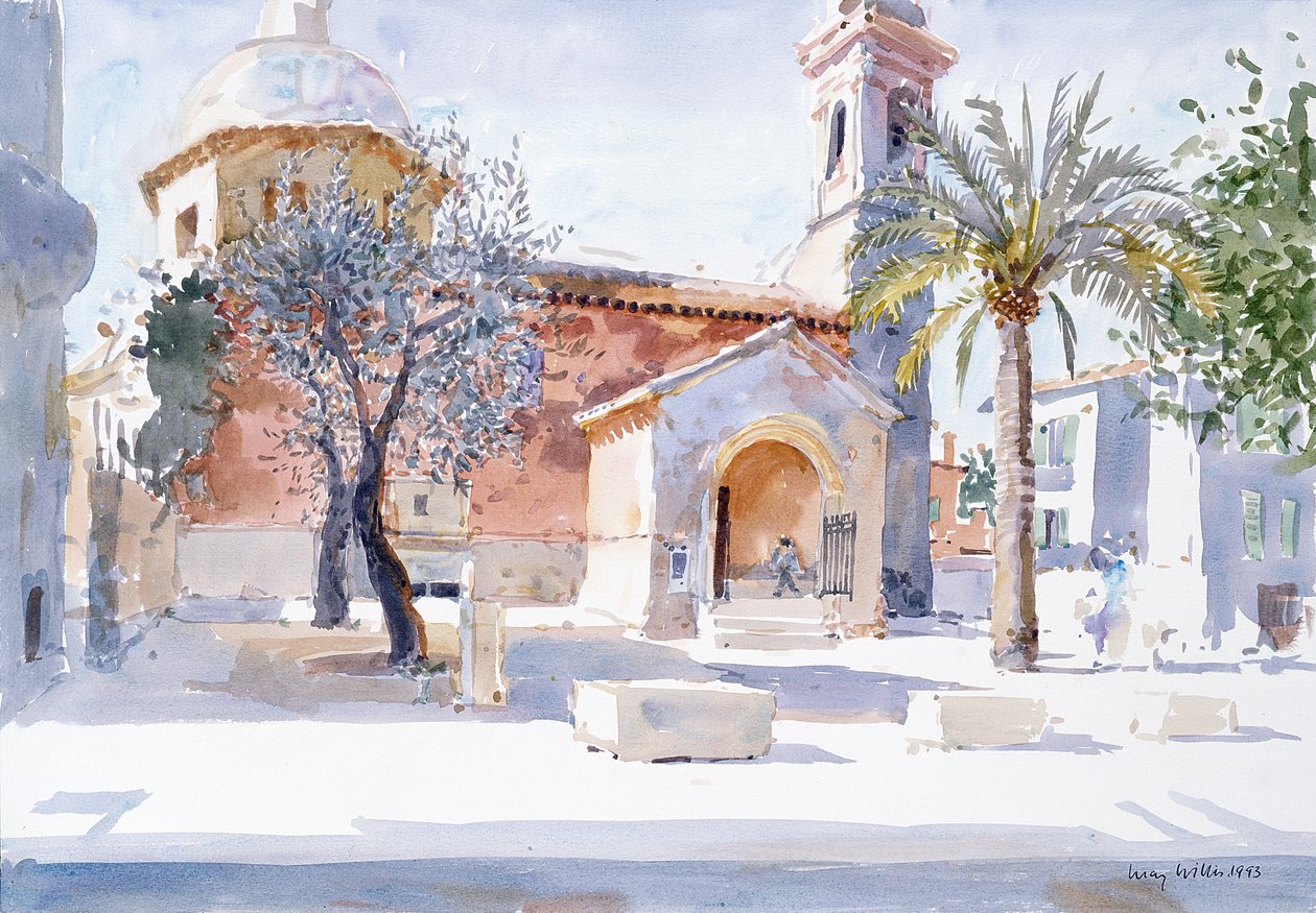 Provençalsk kirke, 1993 (wc på papir) av Lucy Willis