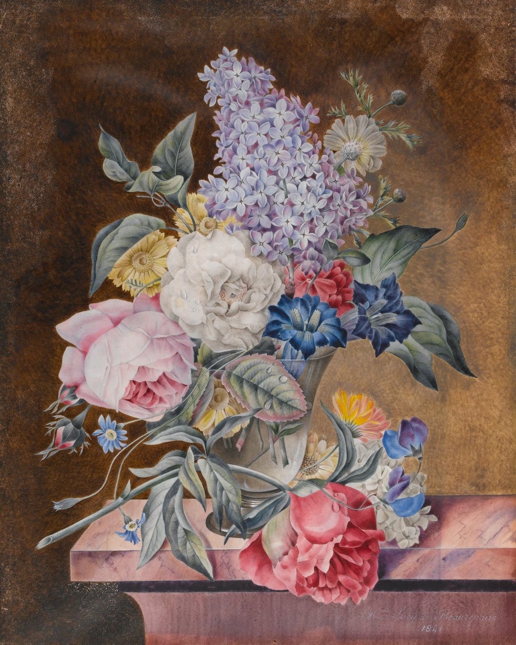 Vase med blomster inkludert en rose og syrin på en marmorhylle, 1841 (wc og kroppsfarge på vellum) av Lucy de Beaurepaire