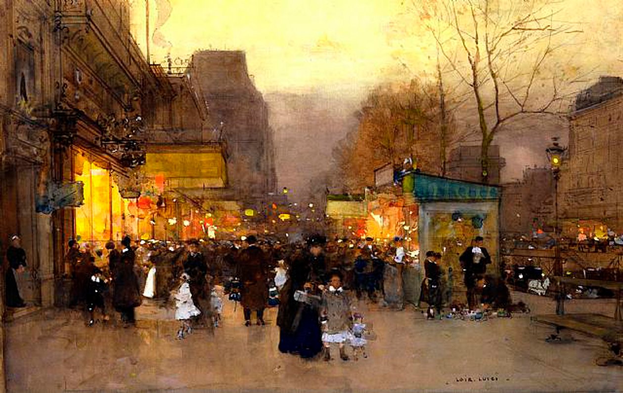 Porte St Martin ved juletider, Paris, ca. 1890 (tempera på panel) av Luigi Loir