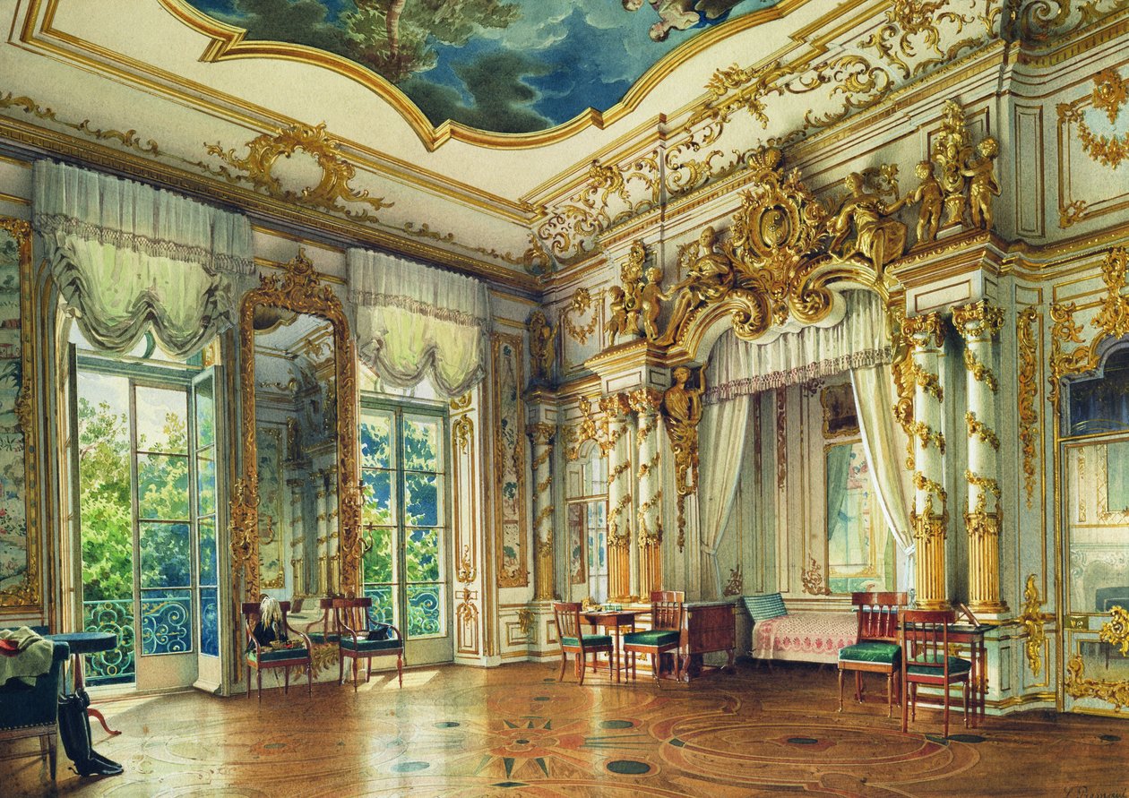 Soverom til tsar Alexander I i Alexander Palace, Tsarskoye Selo, 1855 (wc og hvit farge på papir) av Luigi Premazzi