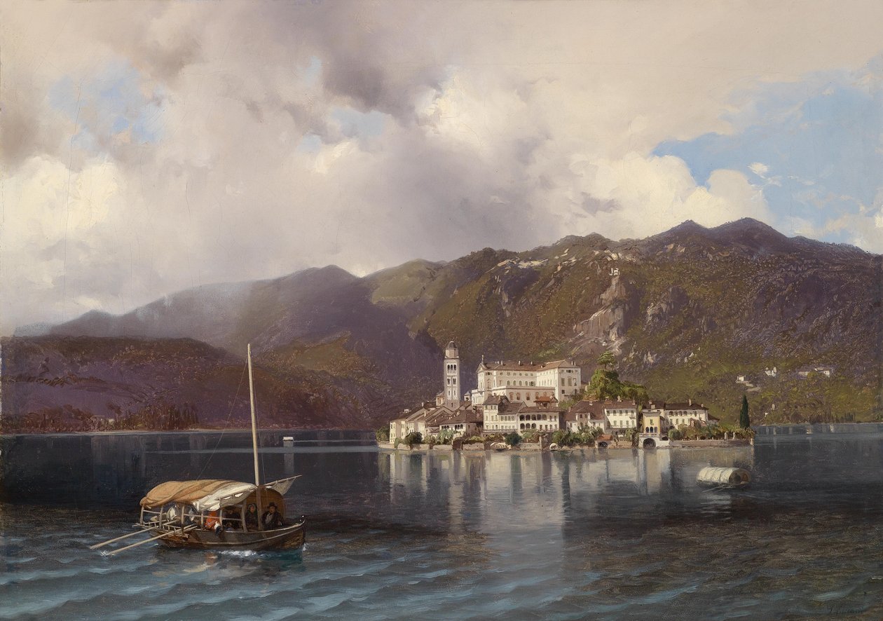 Utsikt over Isola San Giulio i Orta -sjøen / Piemonte av Luigi Riccardi
