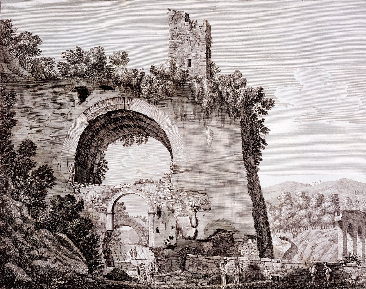 Rester av akvedukten bygget av Claudius, som brakte vann til det gamle Roma fra Anio, nær Tivoli, ca. 1824-26 av Luigi Rossini