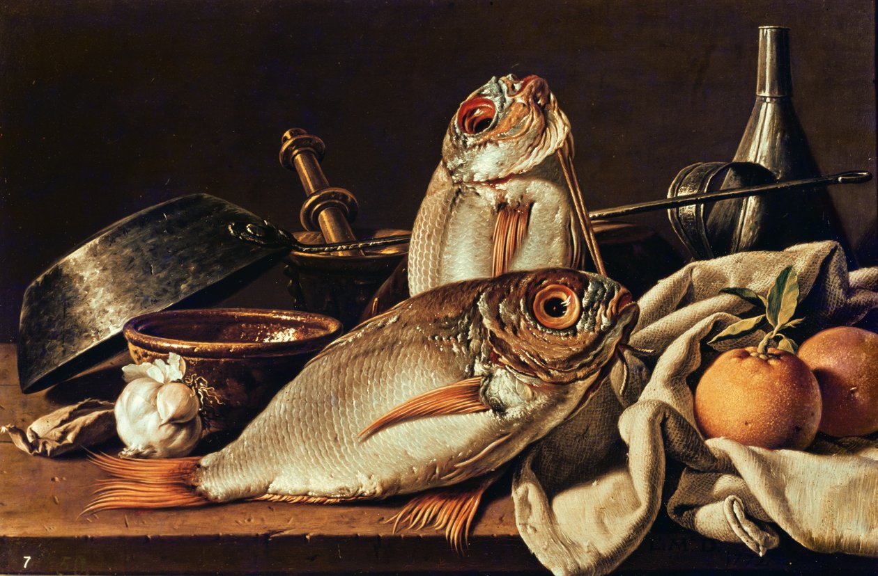 Stilleben av fisk, appelsiner og hvitløk av Luis Egidio Melendez