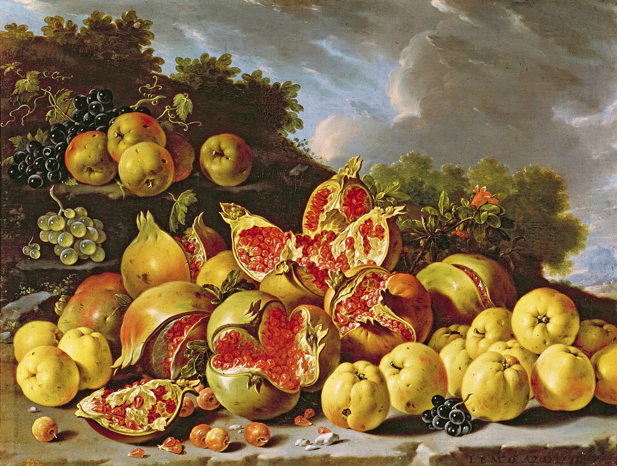 Stilleben med granatepler, epler, kirsebær og druer av Luis Egidio Melendez