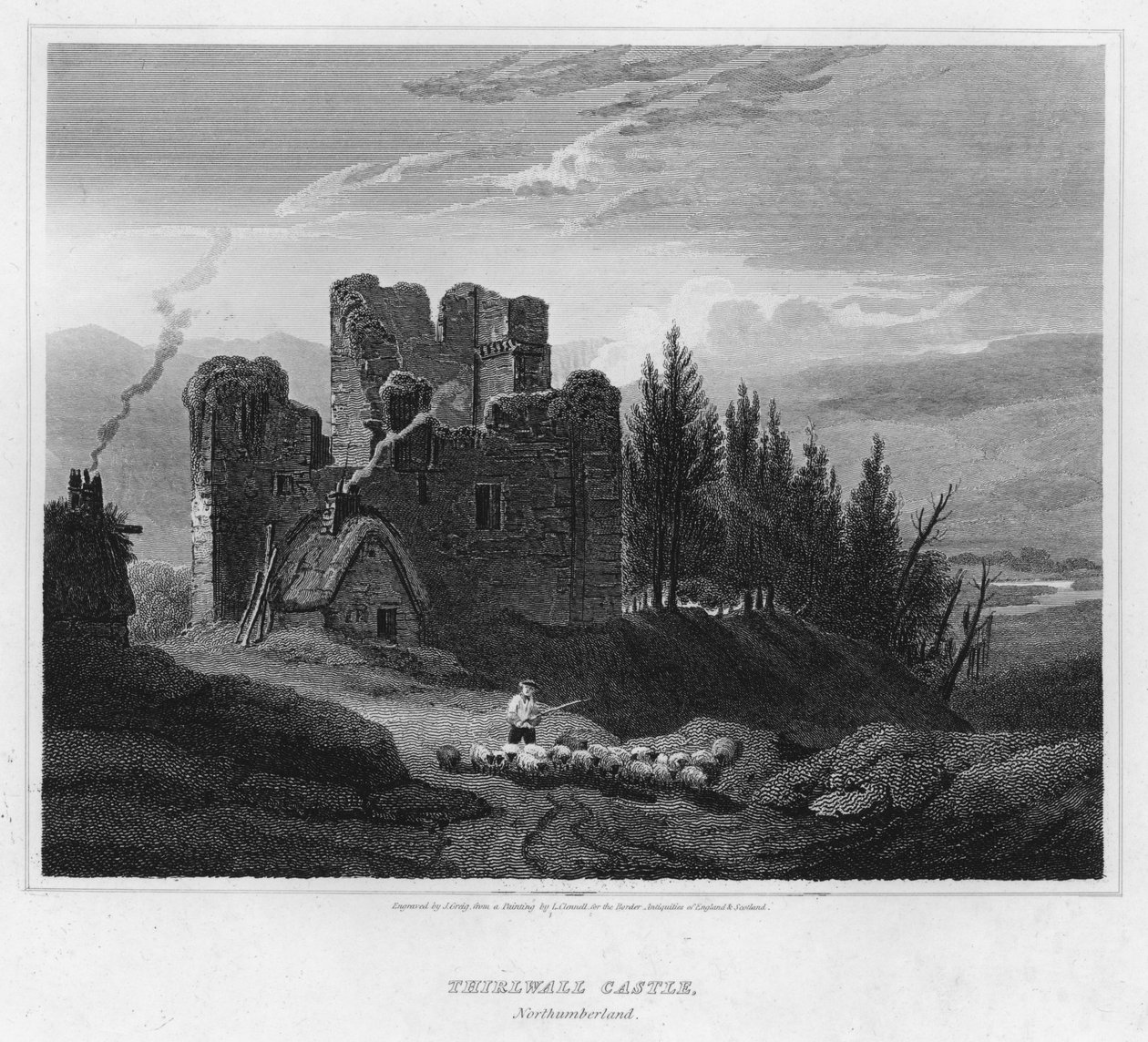 Thirlwall Castle, Northumberland (gravering) av Luke (after) Clennell