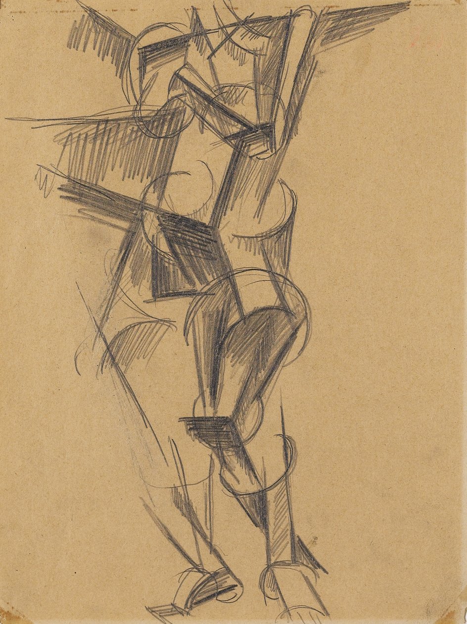 Kubistisk mann (stående figur), 1915 (grafitt på vevd papir) av Lyubov Sergeevna Popova