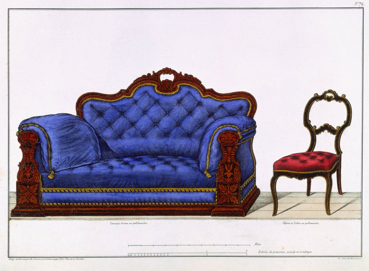 Fransk sofa og stol fra Models of Furniture og interiørdekorasjoner for møbler, Paris, Santi, M, 1828 av M. Santi
