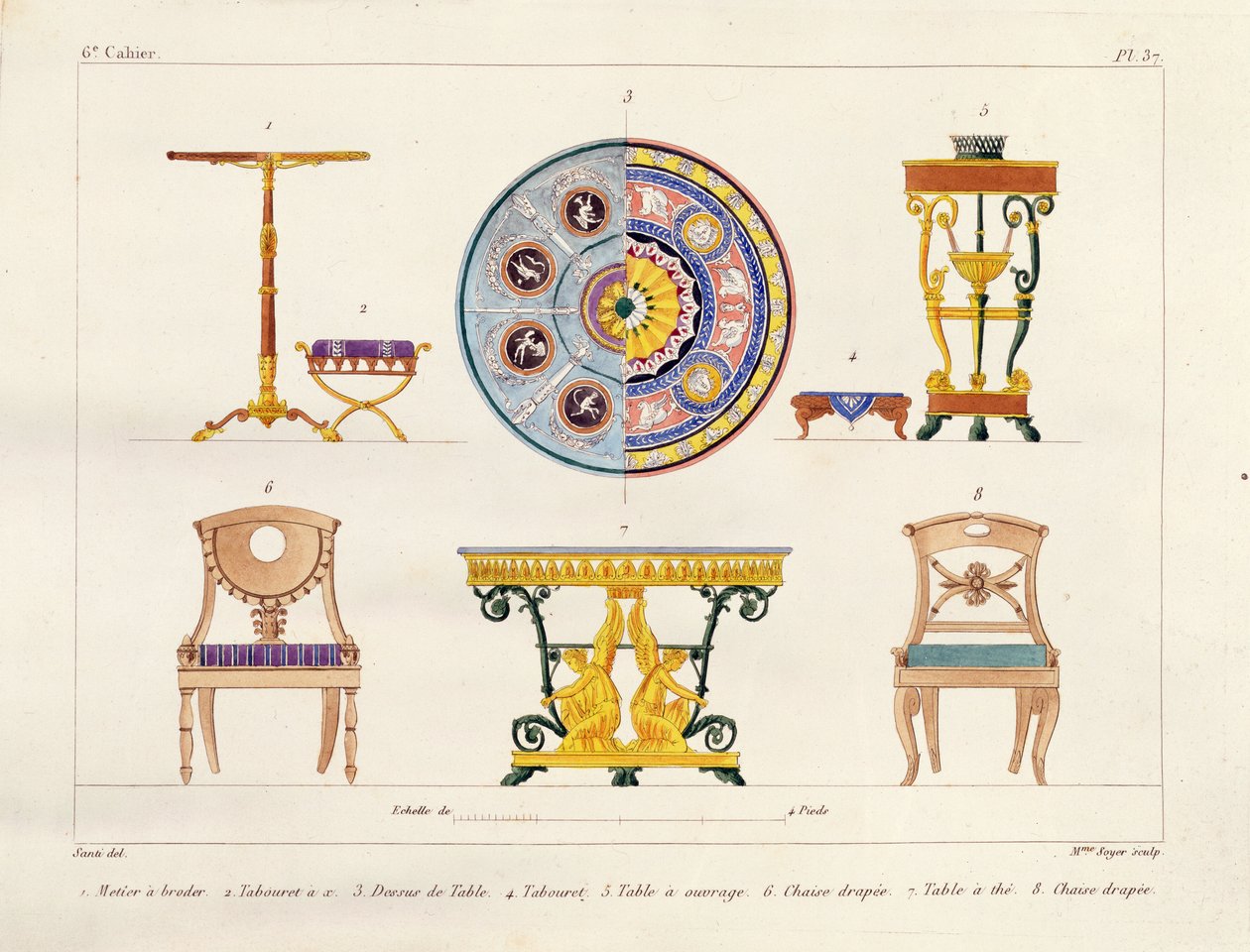 Møbeldesign, gravert av Mme Soyer, plate 37 fra 'Modeles de Meubles et de decorations interieures pur les Meubles', publisert 182841 av M. Santi