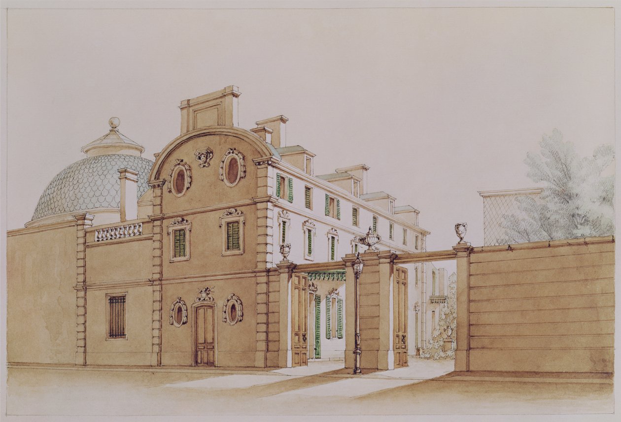 Utsikt over huset i rue Fortunee, kjøpt av Honore de Balzac (1799-1850) i 1847 (wc på papir) av M. Santi