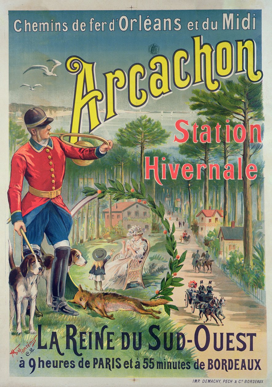 Plakat som reklamerer for badebyen Arcachon, ca. 1910 av M. de Fonremis
