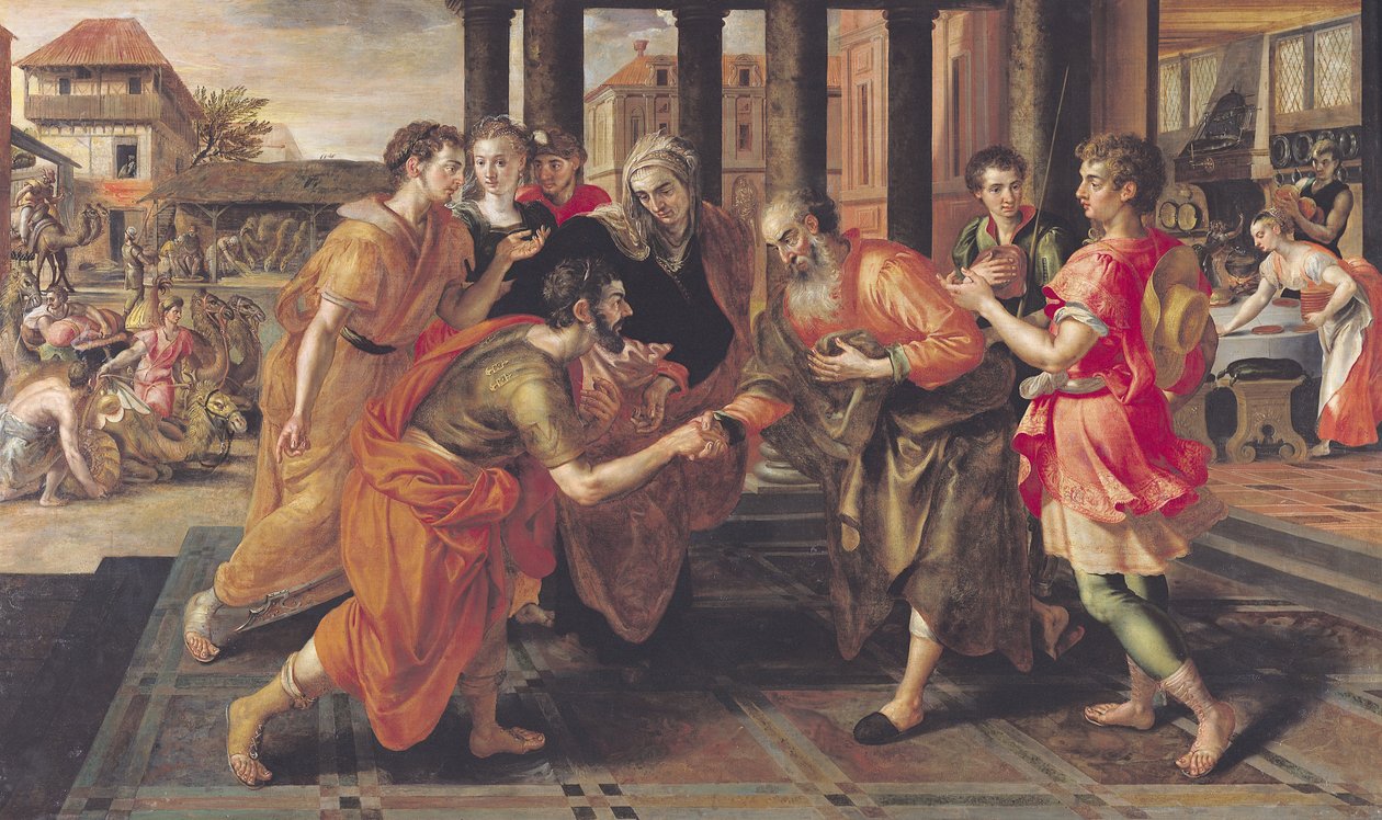 Laban presenterer Eliezer for sin far, 1562 av Maarten de Vos