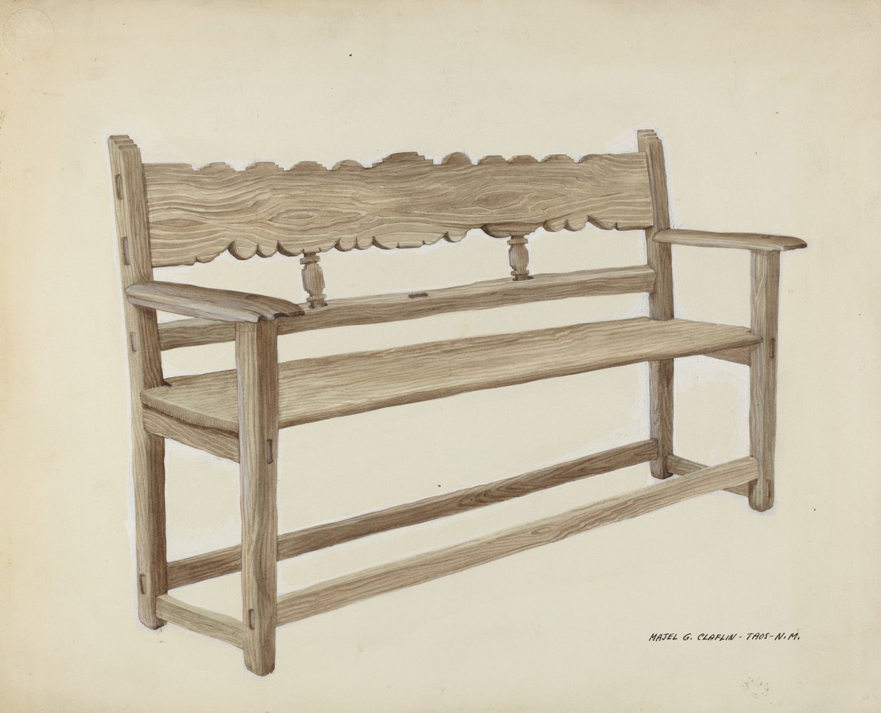 Kirkebenk - tre, ca. 1937. av Majel G. Claflin