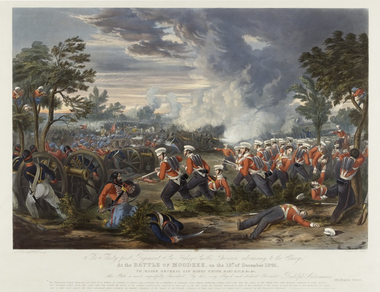 Det 31. regiment, Sir Harry Smiths divisjon rykker opp i slaget ved Moodkee 18. desember 1845, utgitt av Rudolph Ackermann, 18. juni 1848 (farget akvatint) av Major G.F. White