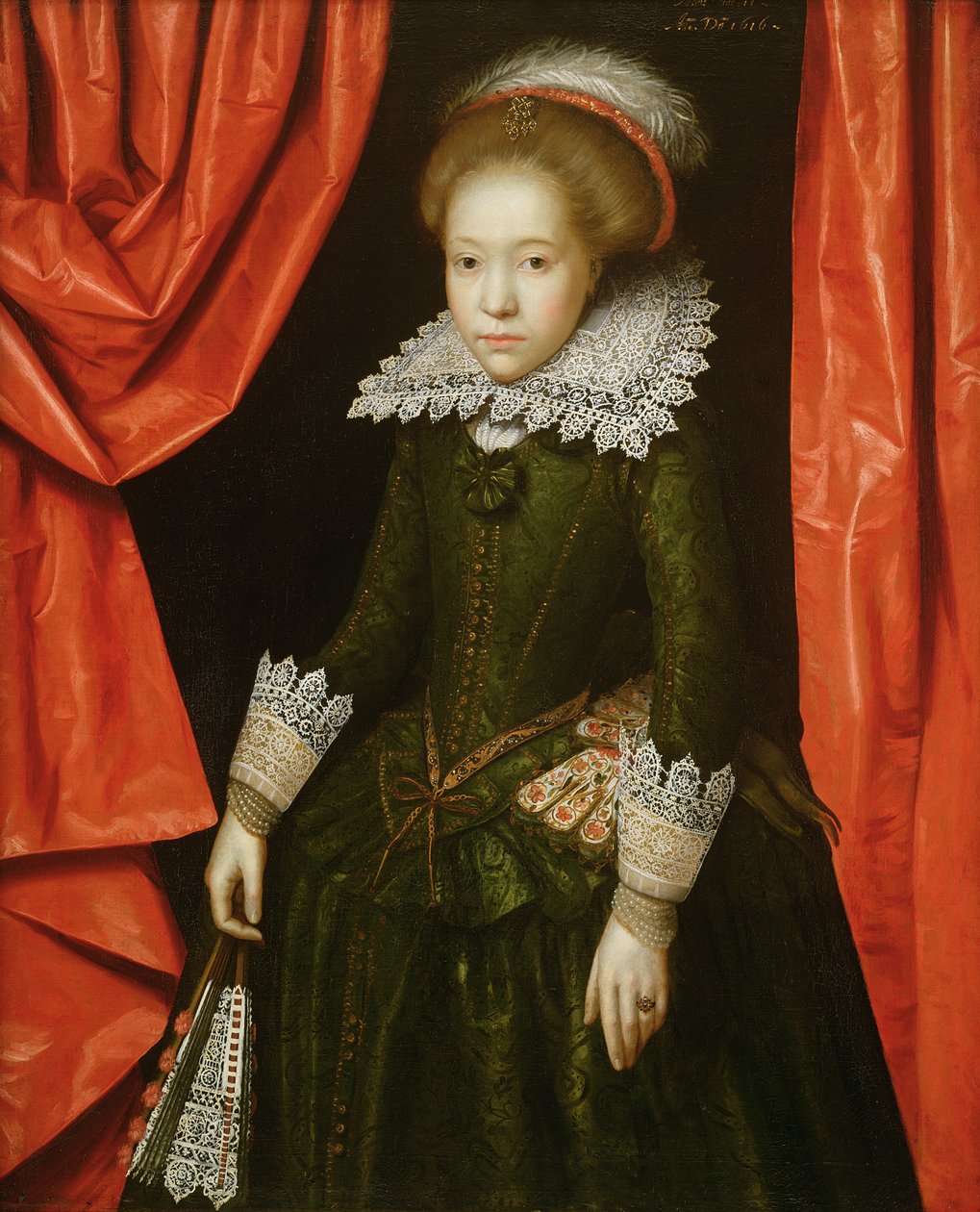 Portrett av en jente fra de Ligne-familien, 1616 (en av et par) (se også 142776) av Marcus Gheeraerts