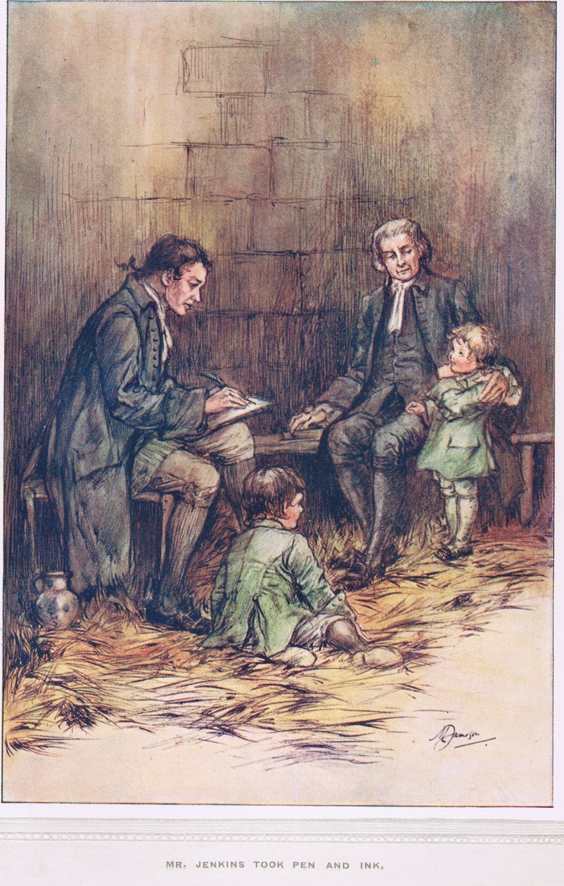 Mr Jenkins tok penn og blekk, illustrasjon fra 'The Vicar of Wakefield' av Oliver Goldsmith, ca. 1910 av Margaret Jameson