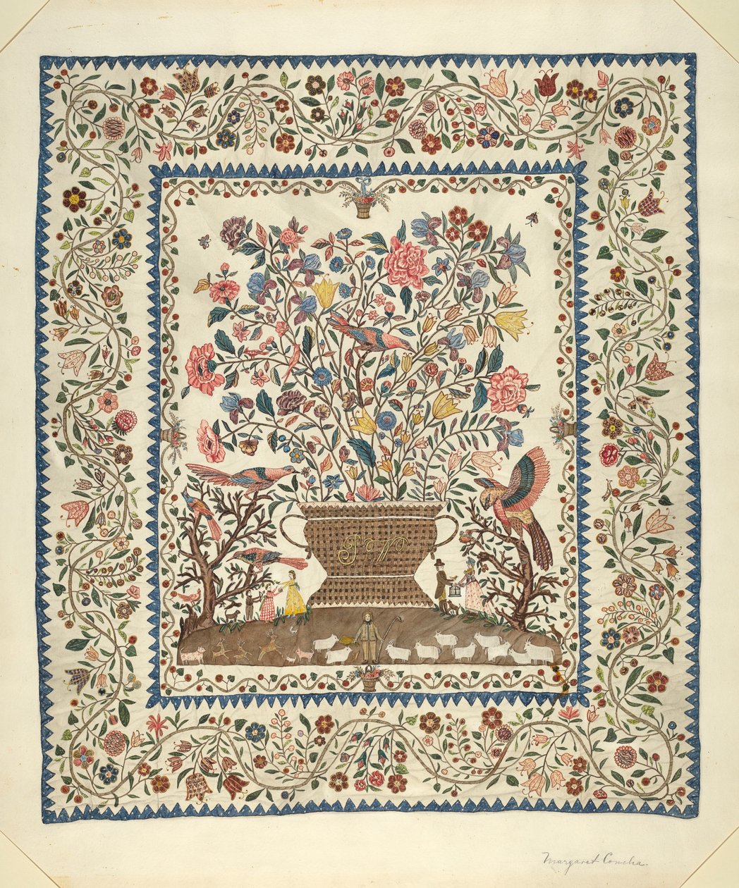 Applikasjon og brodert omslag, 19351942. av Margaret Concha