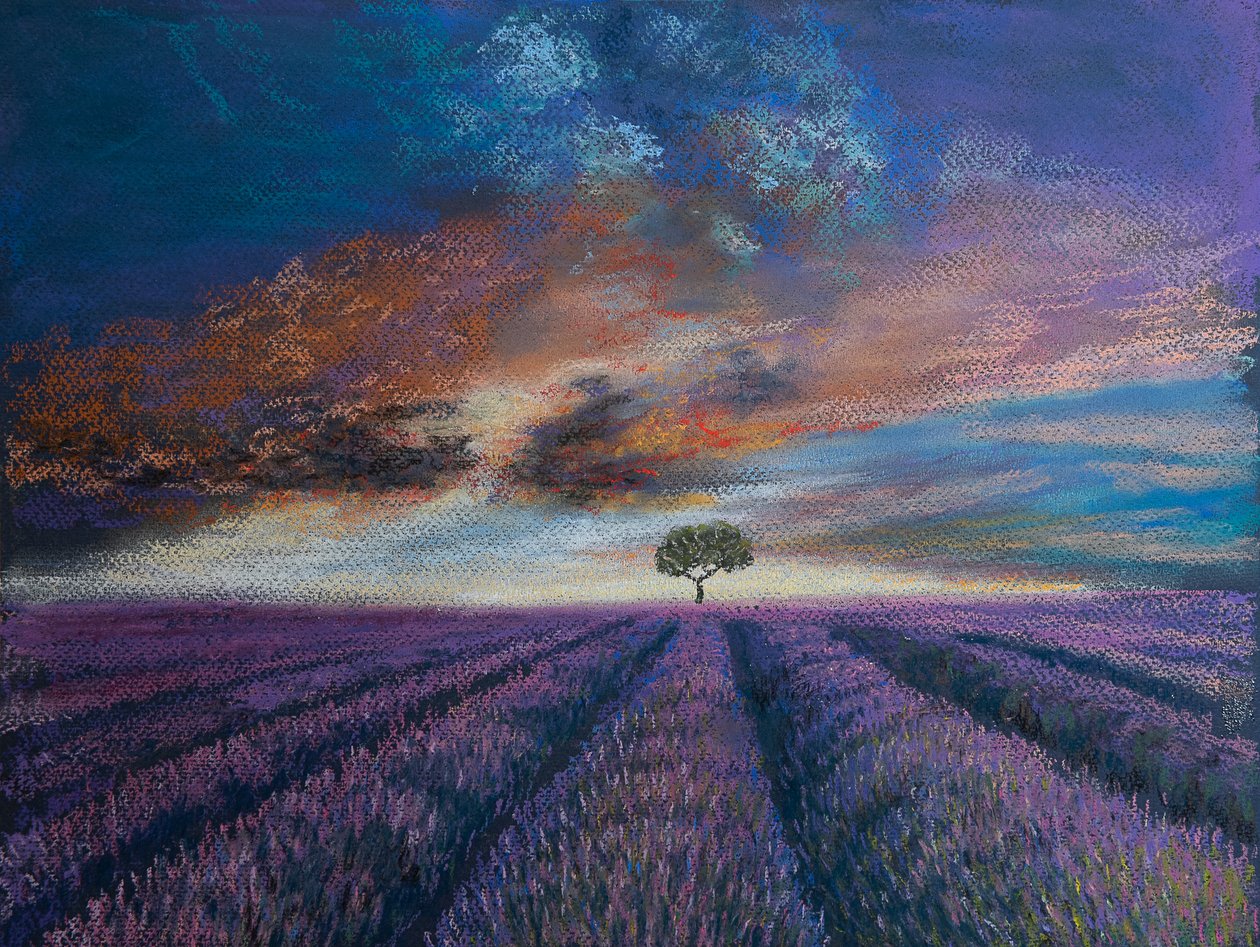 Lavendelfelt i Normandie, 2020 (pastell) av Margo Starkey