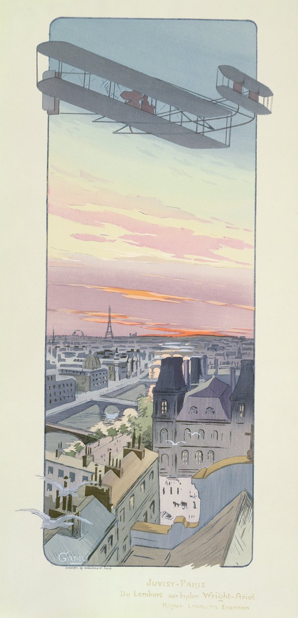 Comte Charles de Lambert flyr en Wright-Ariel Biplane, Juvisy, Paris, utgitt av Mabileau, Paris, 1914 (pochoir print) av Marguerite Montaut