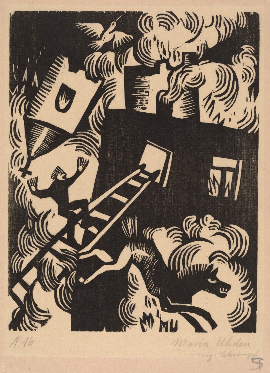 Brennende hus, 1918. av Maria Uhden