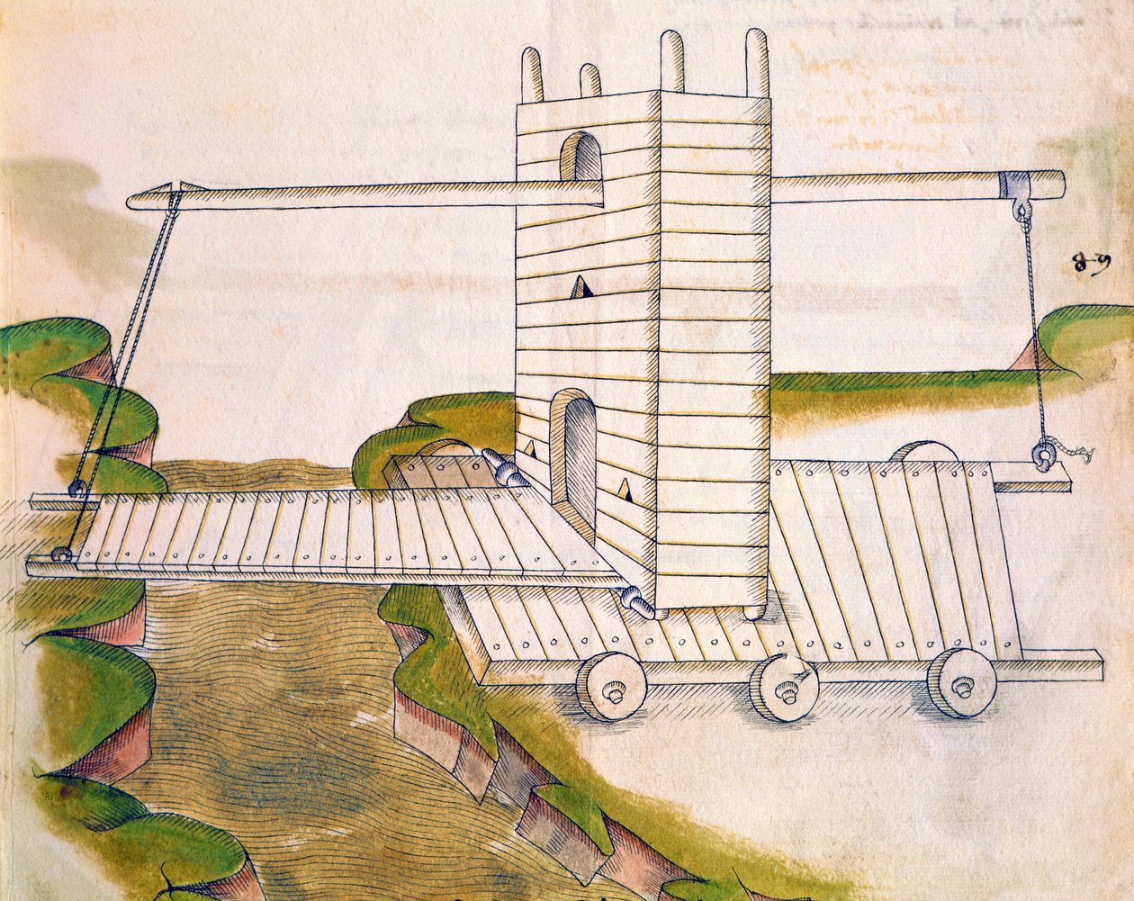 Design for en maskin med vindebro på hjul for bruk i krigføring eller beleiringer, illustrasjon fra De Machinis (penn og blekk og wc på papir) av Mariano di Jacopo 1382 c.1453 after Mariano di Jacopo 1382 c.1453 after
