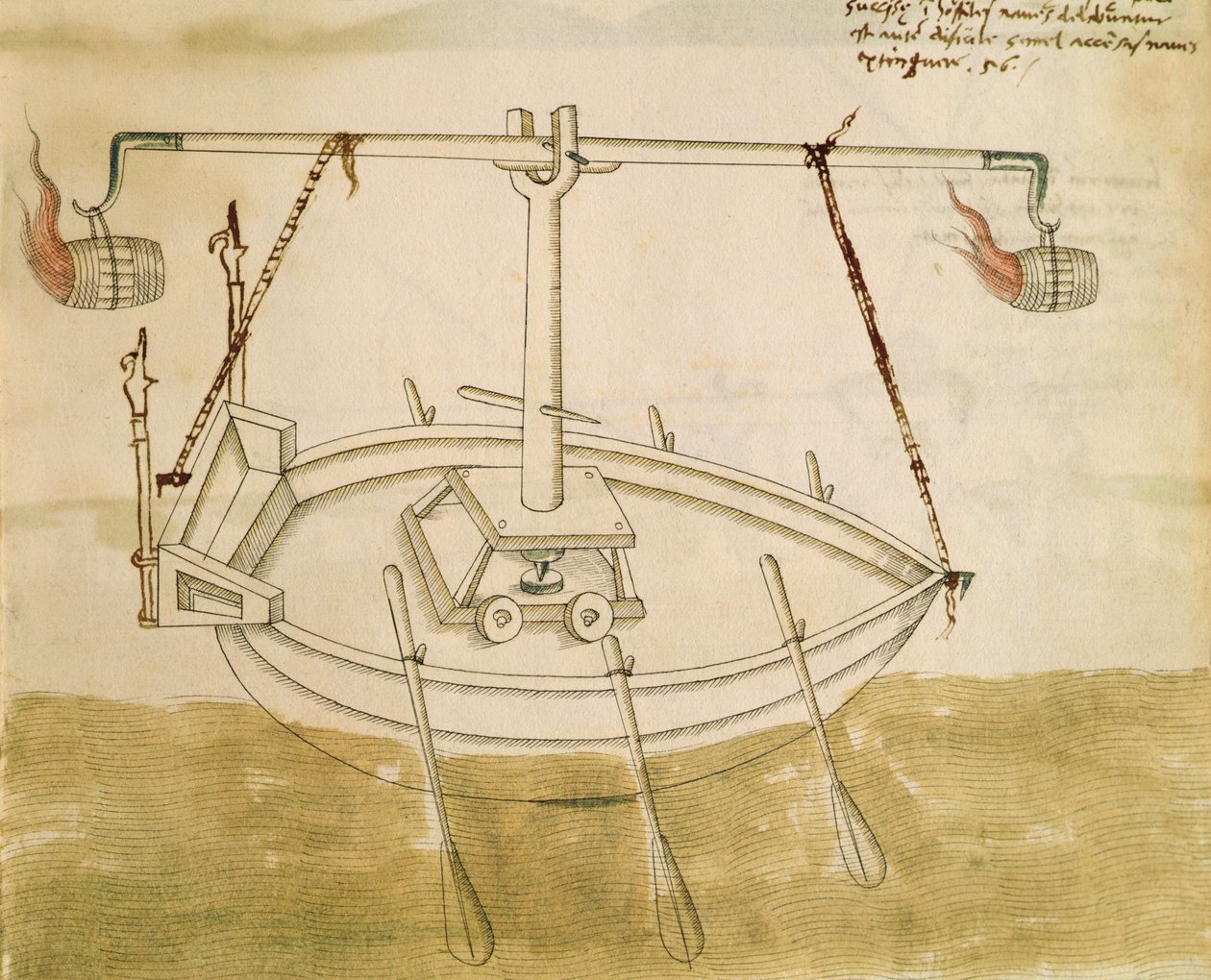 Design for å utnytte varme for å forbedre navigasjonen, illustrasjon fra De Machinis (penn og blekk og wc på papir) av Mariano di Jacopo 1382 c.1453 after Mariano di Jacopo 1382 c.1453 after