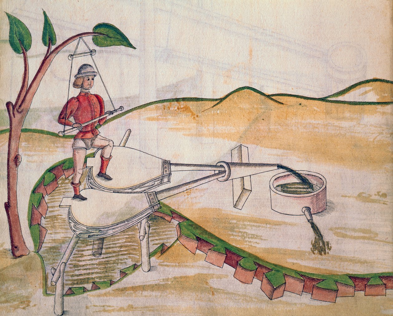 Diagram av en pumpe utført ved hjelp av belg, illustrasjon fra De Machinis (penn og blekk og wc på papir) av Mariano di Jacopo 1382 c.1453 after Mariano di Jacopo 1382 c.1453 after
