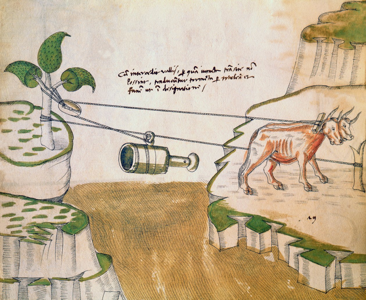 Okser tegner en trinse, illustrasjon fra De Machinis (penn og blekk og wc på papir) av Mariano di Jacopo 1382 c.1453 after Mariano di Jacopo 1382 c.1453 after