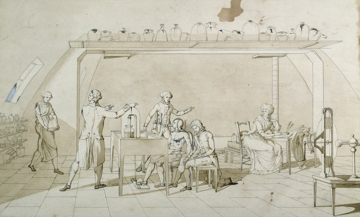Antoine Lavoisier (1743-94) og hans eksperimenter med respirasjon (penn og blekk og sepia vask på papir) av Marie Anne Pierrette Lavoisier