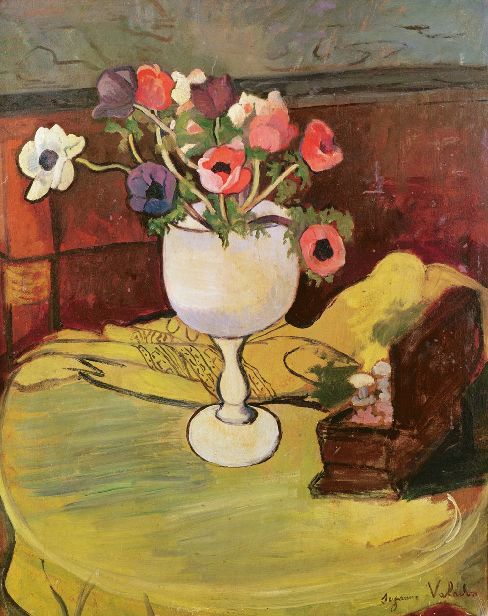Vase med blomster, anemoner i et hvitt glass av Marie Clementine (Suzanne) Valadon