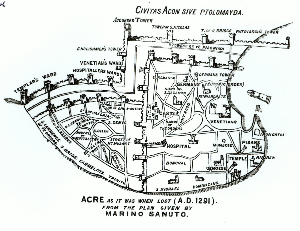 Acre slik den var da den gikk tapt (1291 e.Kr.) av Marino the Elder Sanuto