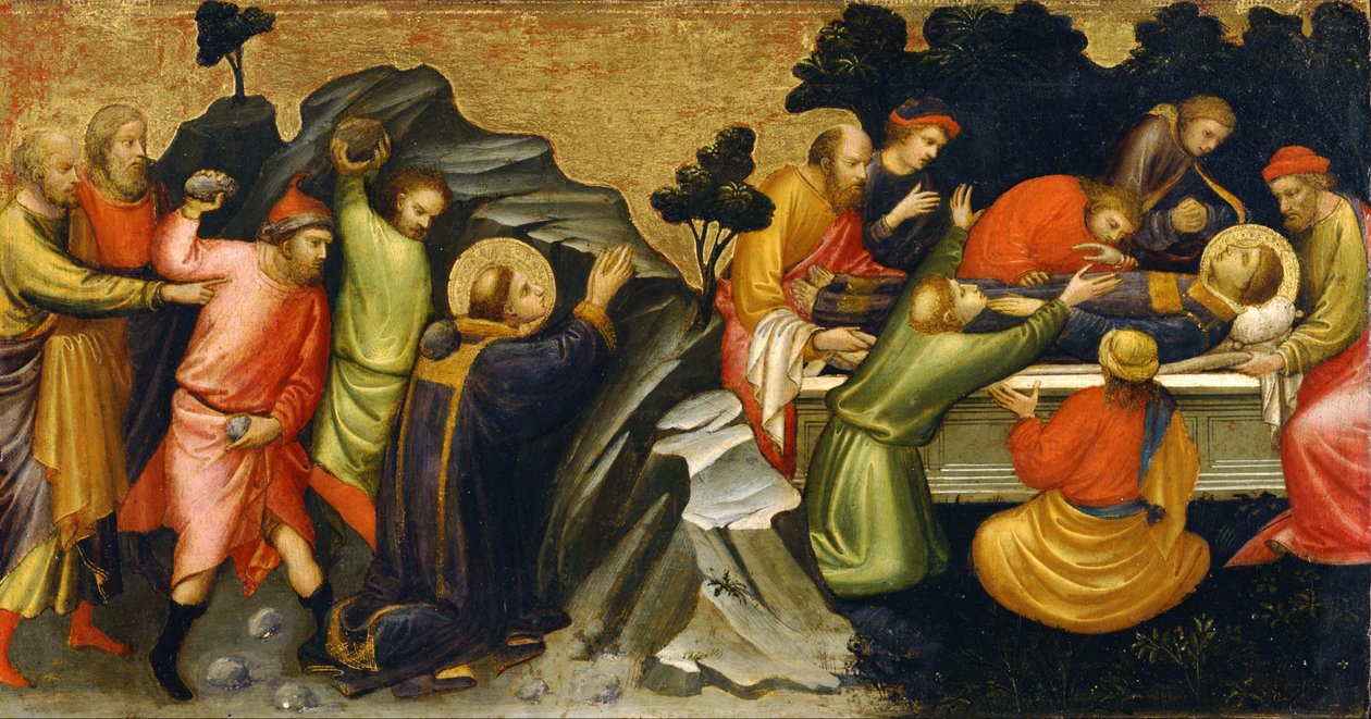 Japansk: n:: n Predella Panel Representing the Legend of St. Stephen: Stening of St. Stephen The Burial of St. Stephen av Mariotto di Nardo