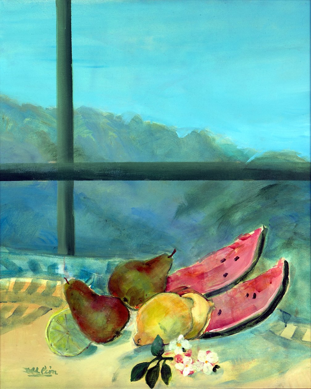 Stilleben med vannmelon (olje og akryl på lerret) av Marisa Leon