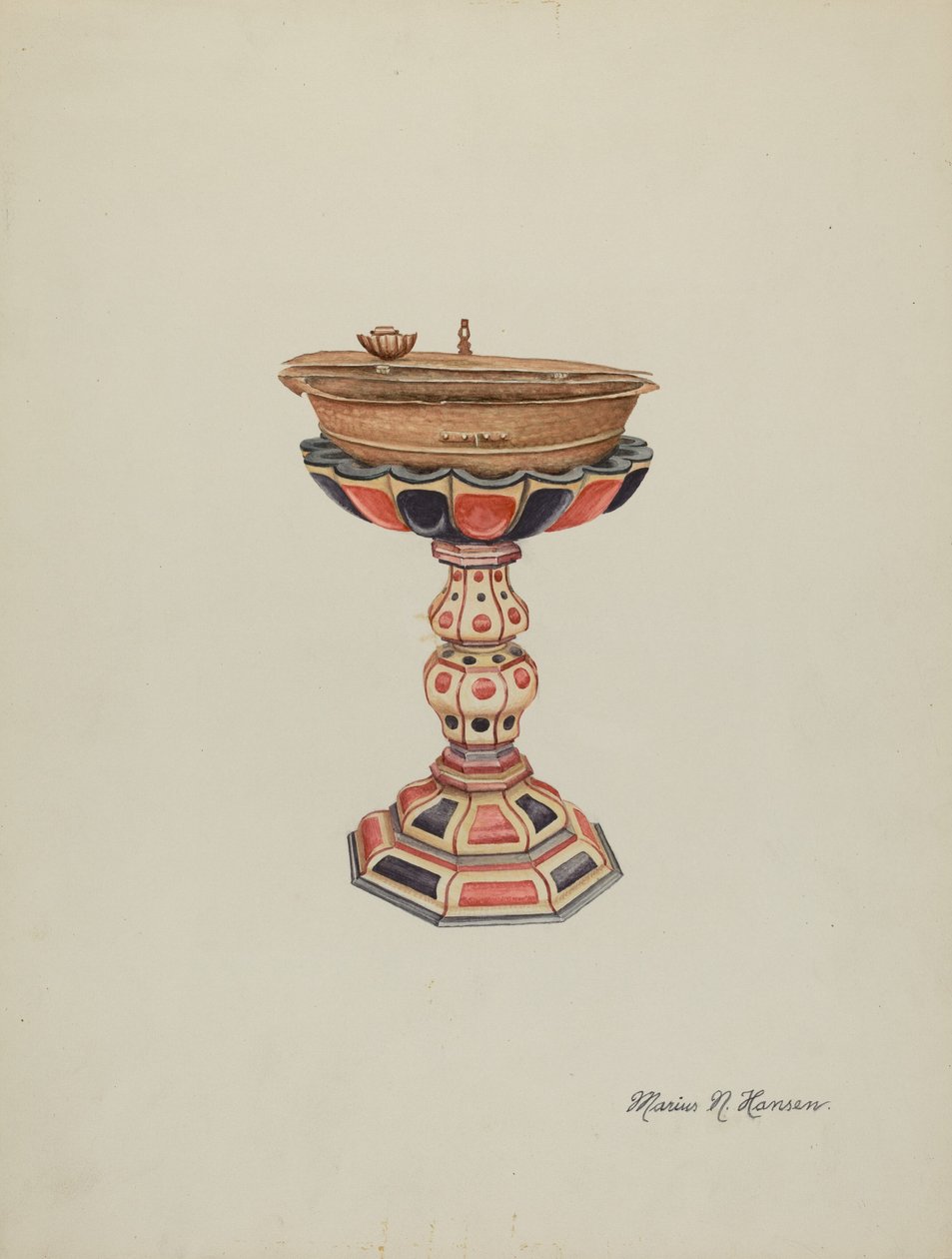 Døpefont og stativ, ca. 1939. av Marius Hansen