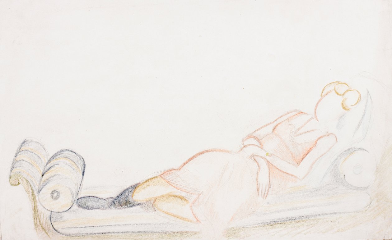 Christine Mavrogordato på en dagseng, ca. 1928 (blyant og fargestift på papir) av Mark Gertler