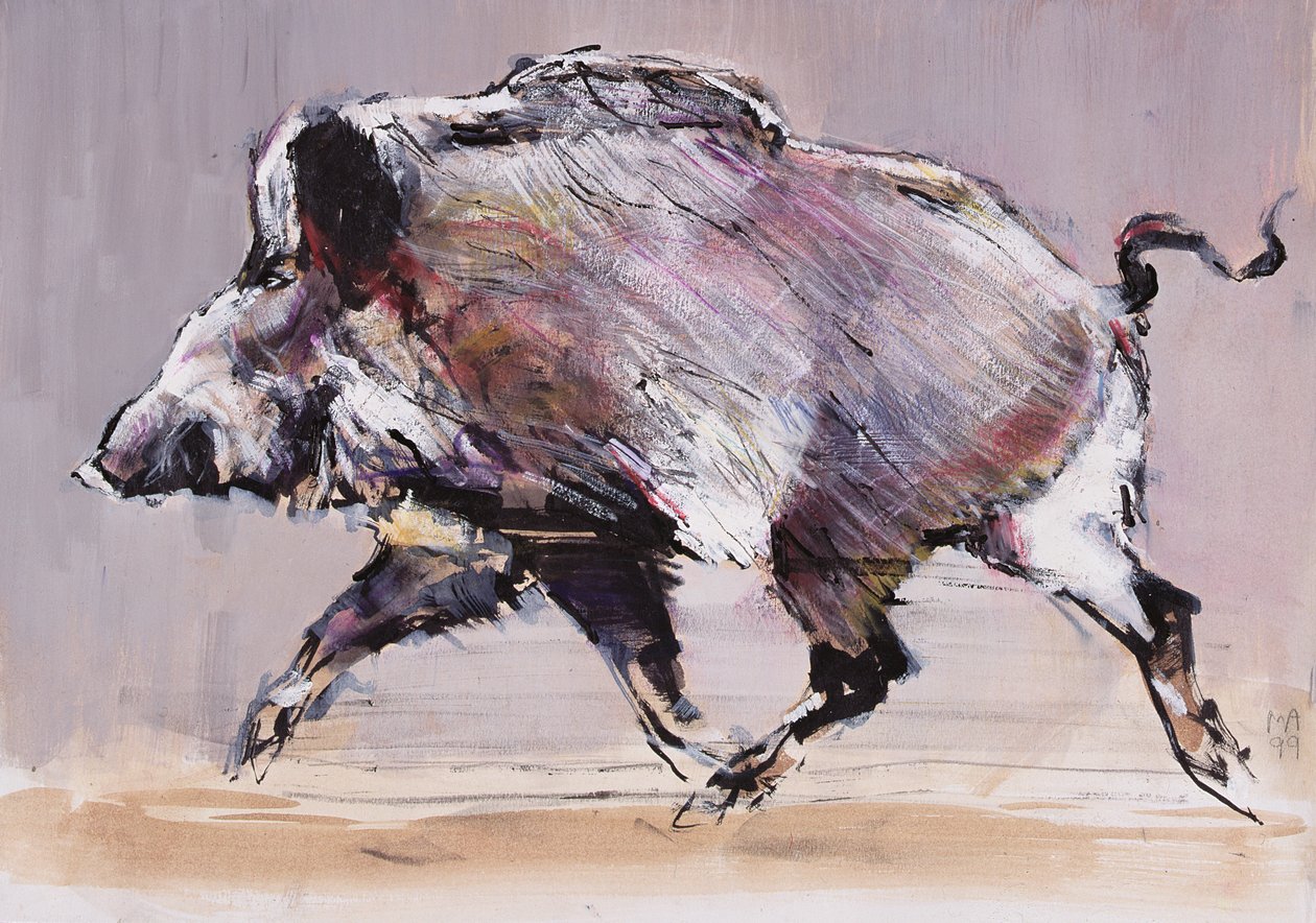 Running boar, 1999 (blandet media på papir) av Mark Adlington