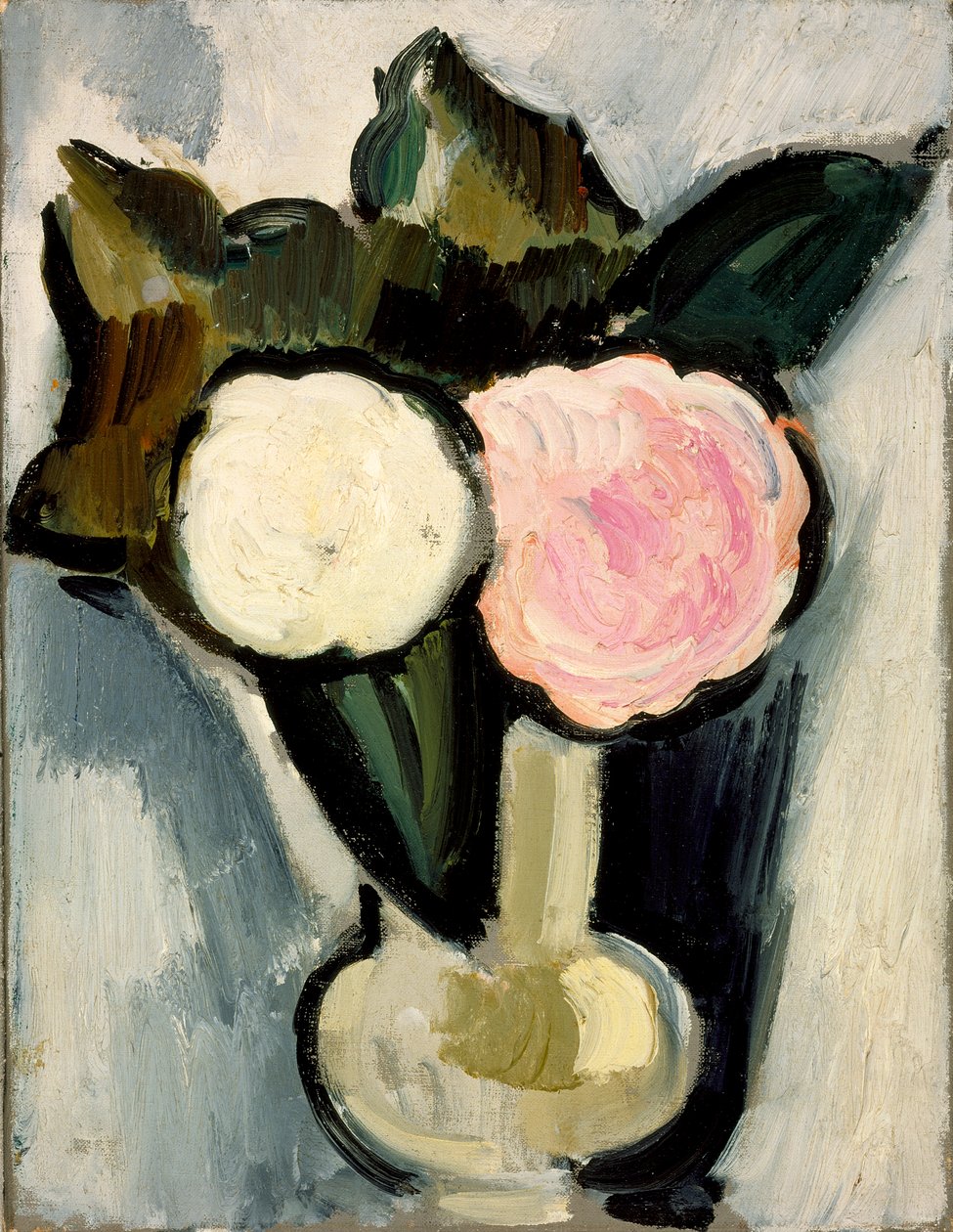 Rosa og hvite blomster i en vase, ca. 1929 av Marsden Hartley