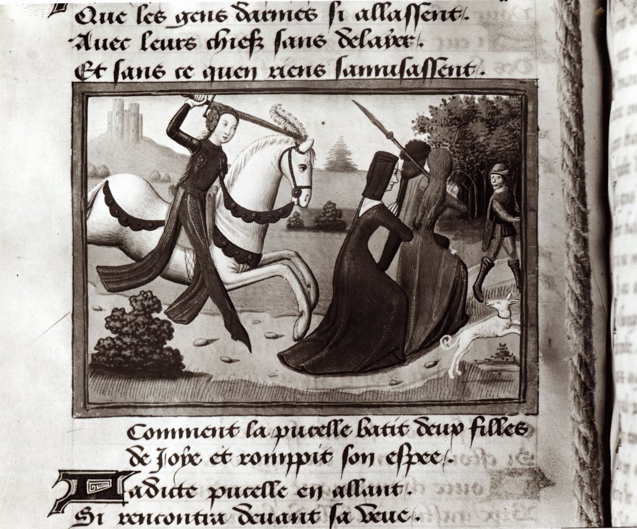 Fr 5054 Jeanne d'Arc (1412-31) som driver de prostituerte fra hærleiren, fra Vigils of Charles VII, ca. 1484 av Martial de Paris