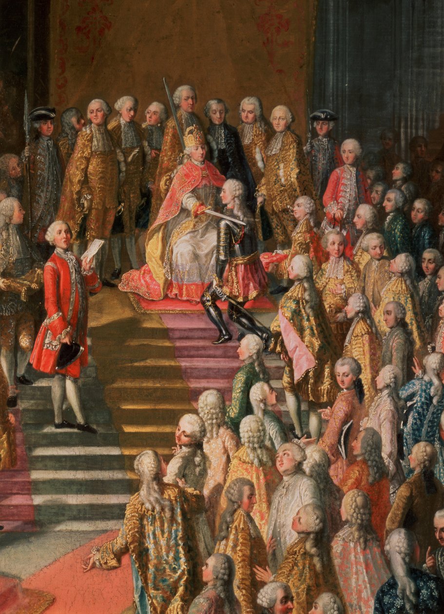 The Investiture of Joseph II (1741-90) Keiser av Tyskland i Frankfurt-katedralen, etter hans kroning, 1764 (detalj av 67401) av Martin II Mytens or Meytens