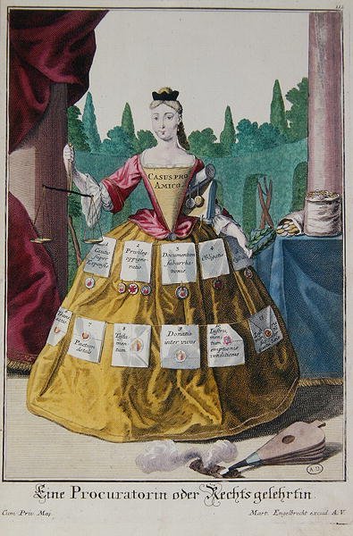 A Woman Prosecutor, ca. 1735 (farge litho) av Martin Engelbrecht
